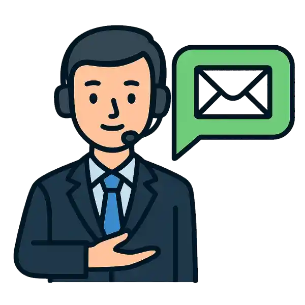 Illustration eines freundlichen Kundenberaters mit Headset und Anzug neben einem grünen Sprechblasen-Symbol mit Briefumschlag – Symbol für Kontaktaufnahme.