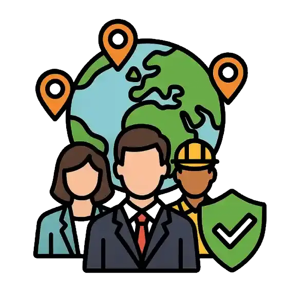 Illustration von drei Geschäftsleuten vor einer Weltkugel mit Standortmarkierungen und einem Schild mit Haken – Symbol für internationale Zusammenarbeit und Vertrauen.