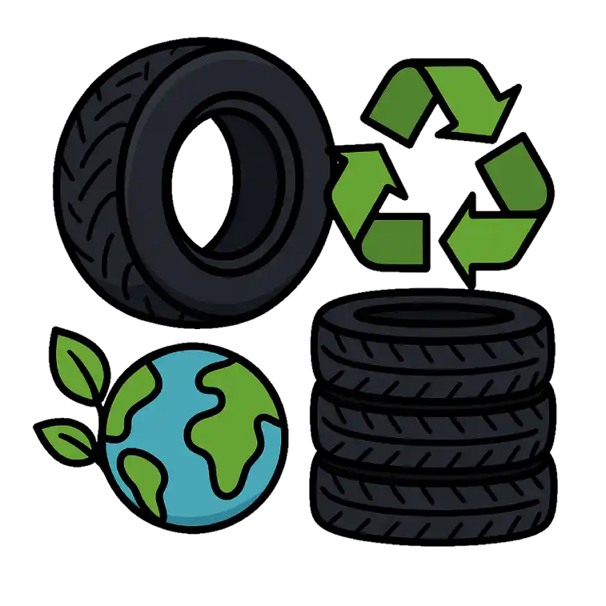 Illustration mit Autoreifen, Recycling-Symbol, Erdkugel mit Blättern und gestapelten Reifen – Symbolbild für nachhaltige Reifenverwertung.