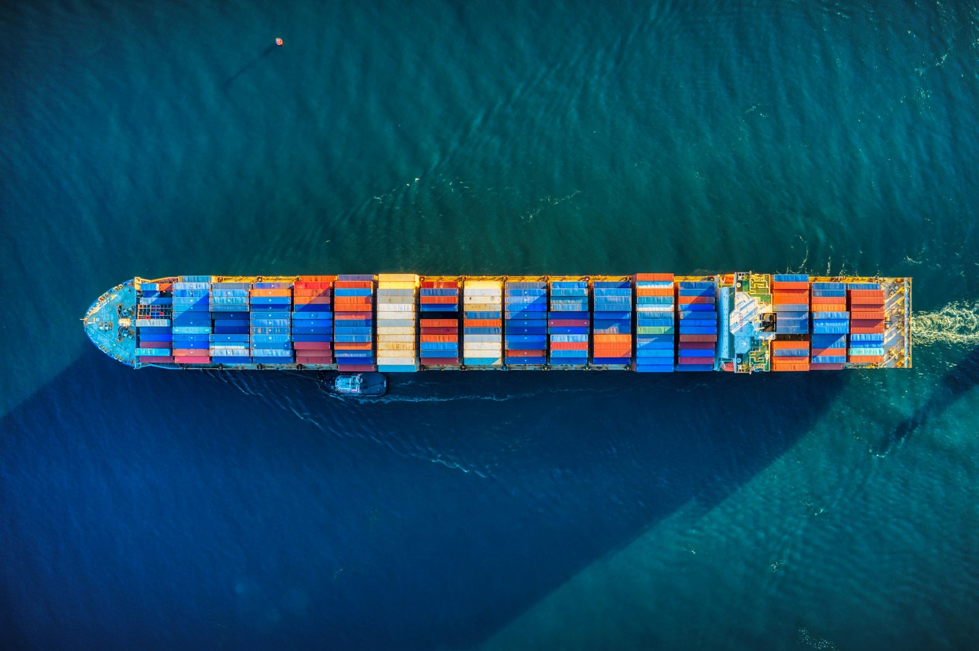 Aerial view of a cargo ship at an international shipping port